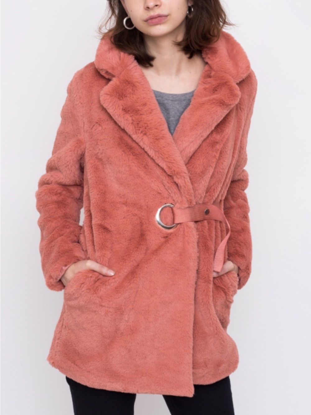 Plush Coral Teddy Coat with D-Ring Belt